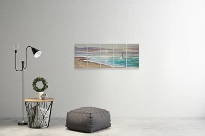 YHSKY ARTS Beach Theme Metal Wall Art - 5 Panels Aluminum Sea Waves Sculpture - color: Beach Wall Art, size: 64x24IN