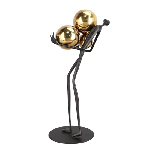 Modern Abstract Cast Iron Sculpture with Golden Spheres – 16.2 in Tall Handmade Minimalist Figurine Art for Home Office Decor, Industrial Desktop Ornament Gift (Black) - style: Holding the ball man