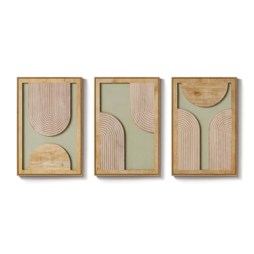 Framed 3D Wood Boho Abstract Textured Wall Decor Living Room, 24x36 Inch - color: Neutral Grey Green