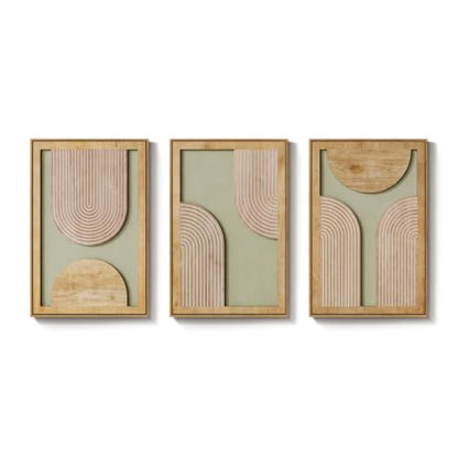 Framed 3D Wood Boho Abstract Textured Wall Decor Living Room, 24x36 Inch - color: Neutral Grey Green