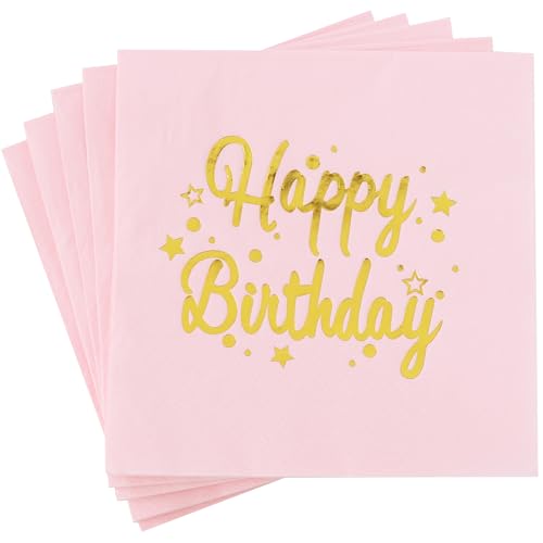 Vuzvuv 52 Pack Happy Birthday Cocktail Napkins Cursive Design - Birthday Party Dinner Hand Napkin with Gold Stampin for Party Supplies Decorations Table Decor(5" Folded 3 Ply- Pink) - color: Handwrite Pink