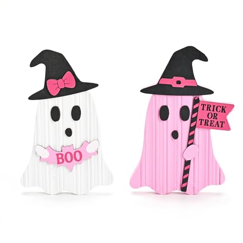 Valery Madelyn Pink Halloween Decor, Set of 2 Cute Halloween Ghost Decor, Witch Hat Boo & Trick or Treat Wooden Tabletop Signs for Home, Shelf, Tiered Tray Party Display, 7 Inch - size: Large