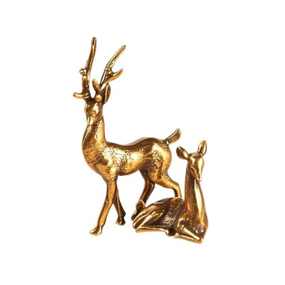 2PC Handcrafted Brass Deer Statues, Small Collectible Decorative Animal Sculptures for Miniature Indoor Decor