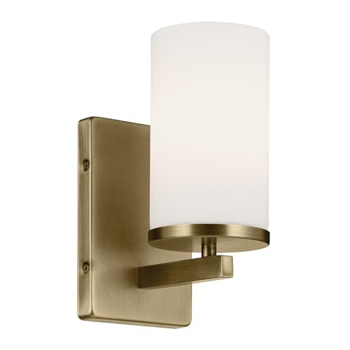 Kichler Crosby 1-Light Bathroom Wall Light, Natural Brass - color: Natural Brass, size: 1 Light, style: Satin Etched Cased Opal Glass