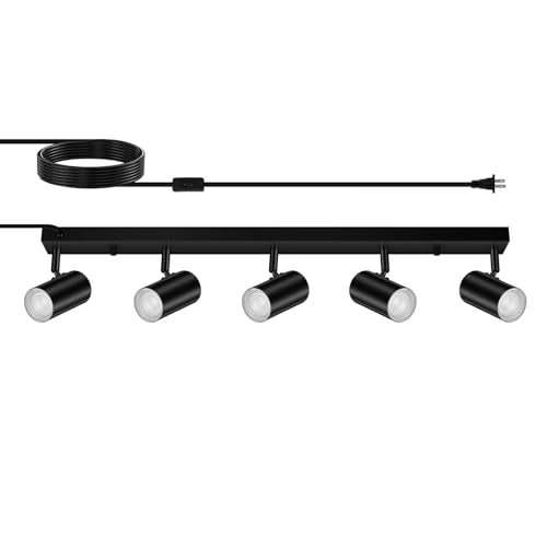 AUQUEE 5 Light Track Lighting Kit,30'' Black Modern Plug in Ceiling Spotlight,Industrial LED Wall Light for Kitchen Cabinet Gallery Bar Hallway Living Room,Rocker Switch,15 Foot Cord(No Bulb) - color: 5 Light-Black