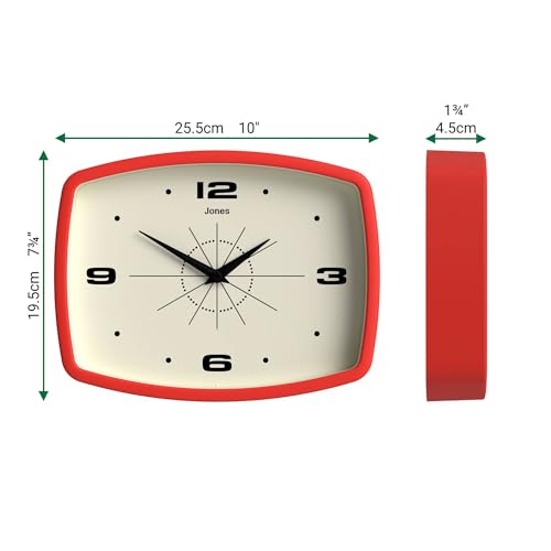 JONES CLOCKS® Movie wall Clock | Rectangular Retro Clock | 10" | Red - color: Red