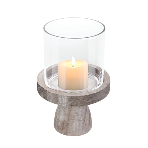 7" Wide Farmhouse Glass Hurricane Candle Holder & Glass Vase with Vintage Brown Sturdy Solid Wooden Base for Pillar & Flower Arrangement, Terrarium, Centerpiece, Console Table, Dining Table, Mantel - color: Rustic Brown, size: 7"x10"