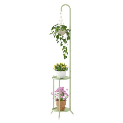 2-Tier Metal Plant Stand with Hanging Hook,Green - color: Green