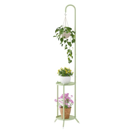 2-Tier Metal Plant Stand with Hanging Hook,Green - color: Green