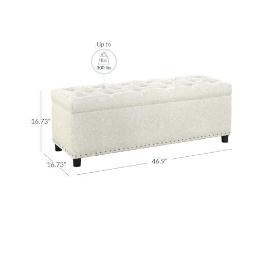 BELLEZE Storage Ottoman, Tufted Ottoman with Close Hinge, Foot Rest for Living Room (White, 47 inch) - color: White