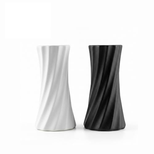 Small Ceramic Vase Set of 2-4.6 Inch Matte Black and White Modern Bud Vases for Flowers, Tiny Geometric Sculptural Object for Shelf Decor, Bookcase, Countertop, Minimalist Home Decor Accents