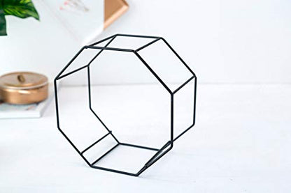 VanEnjoy 7" White Ceramic Wall Planters Vase and Copper,Drainage Hole with Bamboo Tray - Succulent Pot Air Plants Mini Cactus Artificial Flowers Hanging Geometric Hexagon Wall Decor (Black Metal)