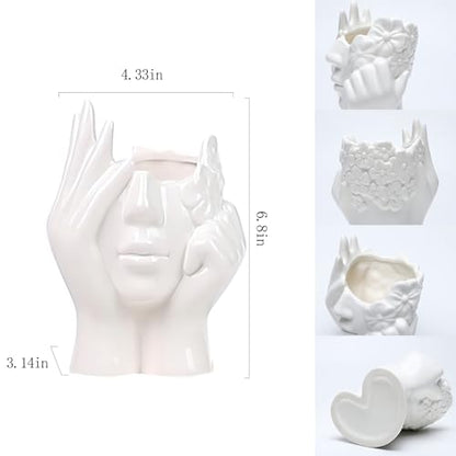 BrownLove Ceramic Face Vase White Flower for Decor Female Form Art Vase Modern Decorative Centerpiece for Table Shelf Living Room Office Bedroom - style: Hands on Cheeks