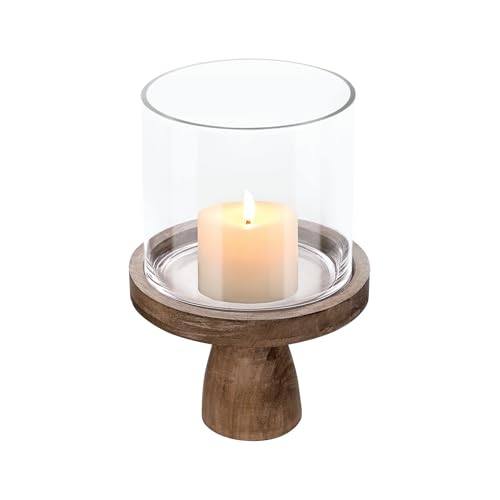 9" Wide Farmhouse Glass Hurricane Candle Holder & Glass Vase with Vintage Natural Sturdy Solid Wooden Base for Pillar & Flower Arrangement, Terrarium, Centerpiece, Console Table, Dining Table, Mantel - color: Old Natural, size: 9"x13.5"