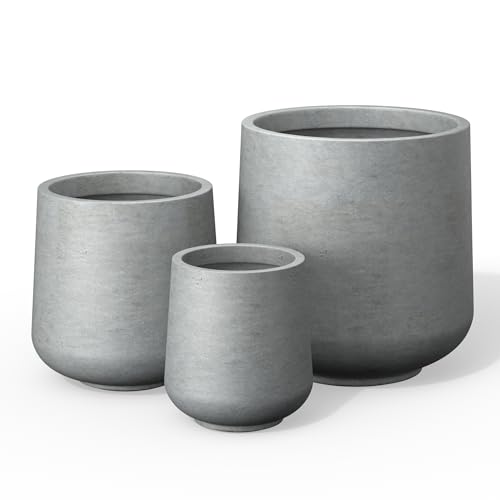 Kante Round Concrete Planter Set of 3-9.4"/13"/16.5" Dia Barrel-Style Garden Pots with Drainage Hole for Flowers and Trees (7.1"/10.2"/13.8" Opening), Gray - color: Gray, size: 16.5"+13"+9.4" D