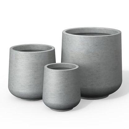 Kante Round Concrete Planter Set of 3-9.4"/13"/16.5" Dia Barrel-Style Garden Pots with Drainage Hole for Flowers and Trees (7.1"/10.2"/13.8" Opening), Gray - color: Gray, size: 16.5"+13"+9.4" D