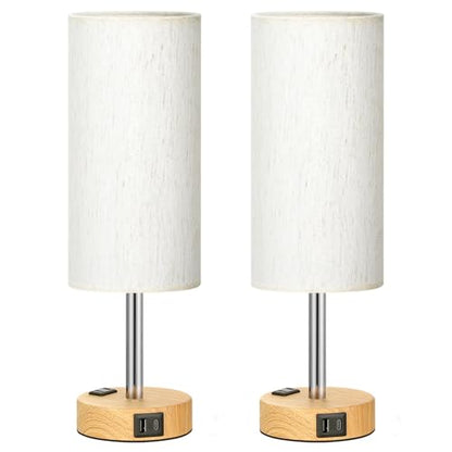 Fenmzee Bedside Table Lamp Set of 2 - Dimmable Touch, USB A+C, AC Outlet - color: Cream - Wood Grain 2, size: 14"