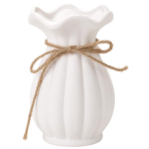 Small White Ceramic Vase, 5.9 Inch Modern Wavy Flower Vase with Rustic Rope, Minimalist Tabletop Vase for Shelf, Desk, Coffee Table, Living Room, Bedroom, Home Decor Gift