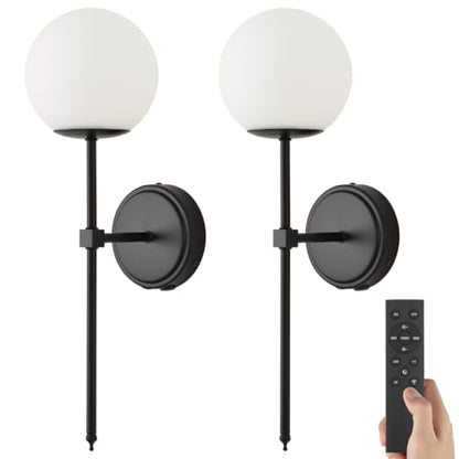 Globe Battery Operated Sconce Set of 2 with Clear Glass Lampshade - color: Black-Frosted White