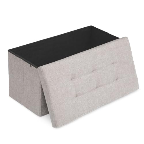 Athena Collection 30" Storage Ottoman Bench Folding Bench with 90L Hidden Storage, Large End of Bed Bench Linen Foot Rest Stool Chest with Flipping Lid for Living Room Bedroom Entryway, Sandy Beige - color: Sandy Beige, style: 30" Linen