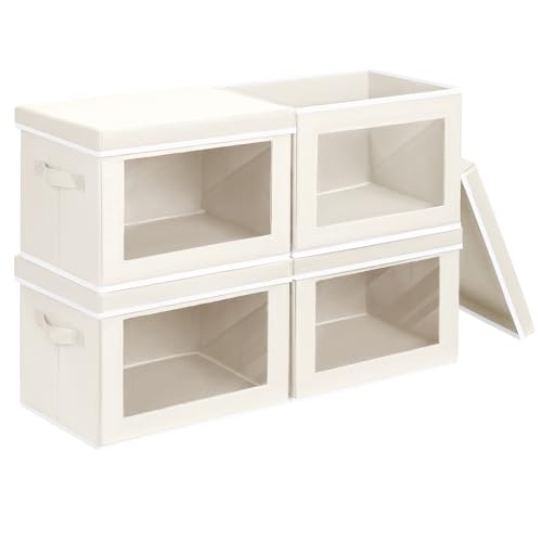Homsorout Fabric Storage Bins with Lids, Decorative Storage Boxes, Closet Storage Bins with Window, Storage Baskets for Closet, Closet Organizers for Towel, Clothes, Beige, 4-Pack - color: Beige, size: L(4-Pack)