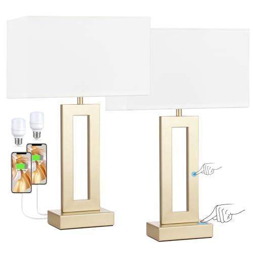 Seealle Nightstand Table Lamps for Bedrooms Set of 2 - Touch Bedside Lamp with USB C+A, 3 Way Dimmable Living Room Lamps for End Tables Set of 2(White&Gold) - color: M. White&Gold, size: Medium(19.6in)