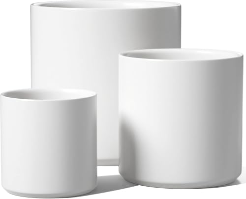 LE TAUCI 10+8+6 Inch Ceramic Pots for Plants, Indoor Planters with Drainage Hole and Plug, Modern Cylinder Flower Pots Set of 3 for Living Room and Bedroom, Satin, White - color: White