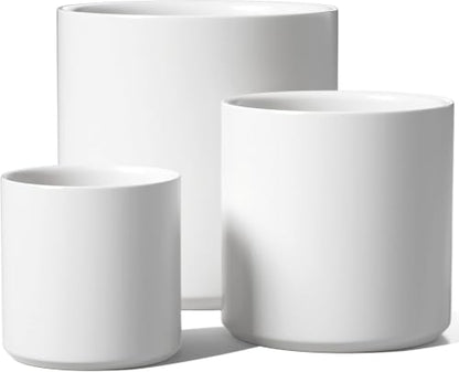 LE TAUCI 10+8+6 Inch Ceramic Pots for Plants, Indoor Planters with Drainage Hole and Plug, Modern Cylinder Flower Pots Set of 3 for Living Room and Bedroom, Satin, White - color: White