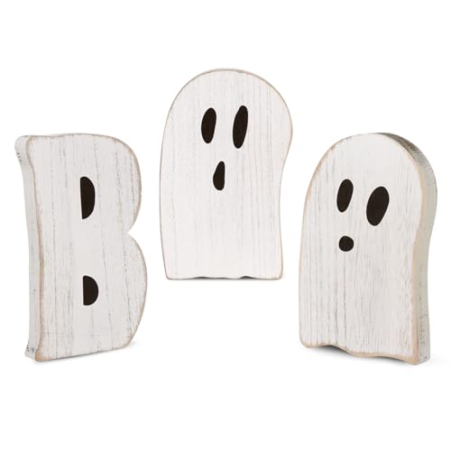 Halloween Table Decorations Indoor: 3pcs Farmhouse Halloween Cute Ghost Decorations, Mini Black White BOO Wood Plank Signs, Rustic Tiered Tray Decor Wooden Ghost Desk Office Decor for Home Kids - style: Rustic
