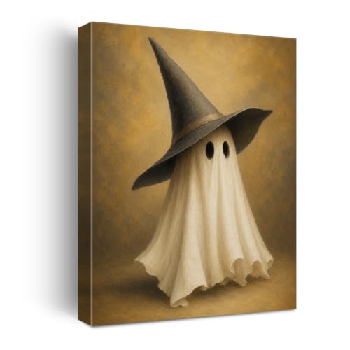 Halloween Wall Art Decor, Cute Ghost Witch Hat Canvas Print Framed Poster - color: W