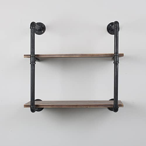 MBQQ Industrial Pipe Shelving Wall Mounted,24in Rustic Metal Floating Shelves,Steampunk Real Wood Book Shelves,Wall Shelf Unit Bookshelf Hanging Wall Shelves,Farmhouse Kitchen Bar Shelving(2 Tier) - color: 2-layer, size: 24in