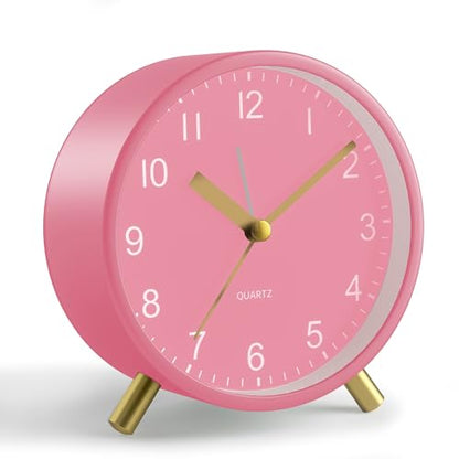JALL Analog Alarm Clock, 4 inch Super Silent Non Ticking Small Clock with Night Light, Battery Operated, Simple Design, Easy Setting for Office, Bedroom, Bedside, Desk, Teens, Elders, Adult, Pink - color: Pink