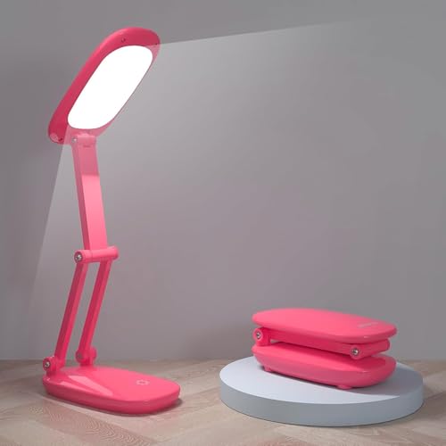Akejrym LED Desk Lamp for Office Home & Battery Operated Lamp Rechargeable Lamp Foldable & Portable Light, [2-Fold Bracket] 3 Brightness Dimmable Small Desk Lamp Wireless Reading Lamp (Bright Pink) - color: Bright pink