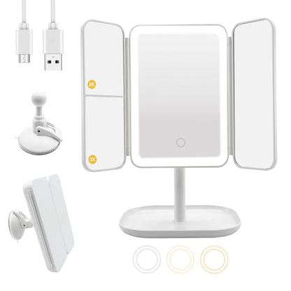 Trifold Makeup Mirror with Lights, 3000mAh Vanity Mirror | 3X/2X/1X Magnification Suction&Stand Base, 360° Adjustment Rechargeable Mirror for Travel/Bedroom/Dorm, Gifts for Women