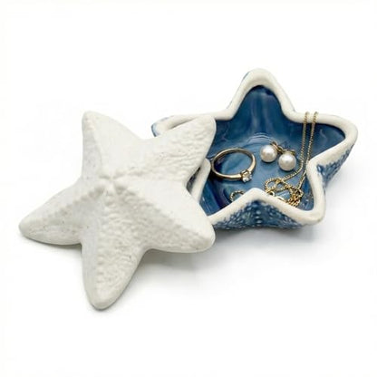 Snailhouse Starfish Shape Jewelry Box with Lid, Ceramic Decorative Small Trinket Ring Earring Necklaces Bracelet Dish Holder Bowl Tray Plate, Gifts for Women