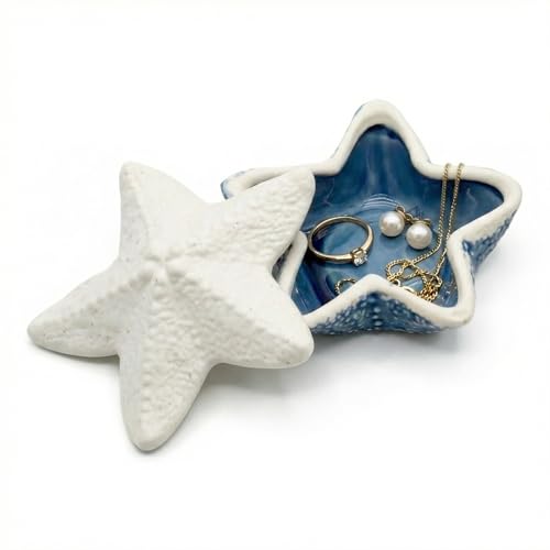 Snailhouse Starfish Shape Jewelry Box with Lid, Ceramic Decorative Small Trinket Ring Earring Necklaces Bracelet Dish Holder Bowl Tray Plate, Gifts for Women