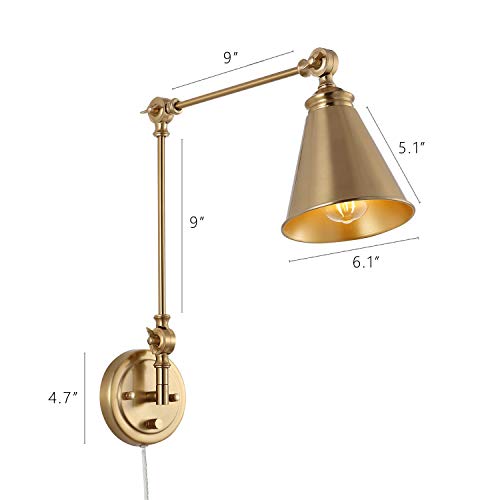 WINGBO Farmhouse Swing Arm Wall Sconce Set of 2, Industrial Adjustable Wall Lamp Light Fixture for Living Room Bedroom Vanity Study Desk Office, Plug in or Hardwired, Brass - color: Brass