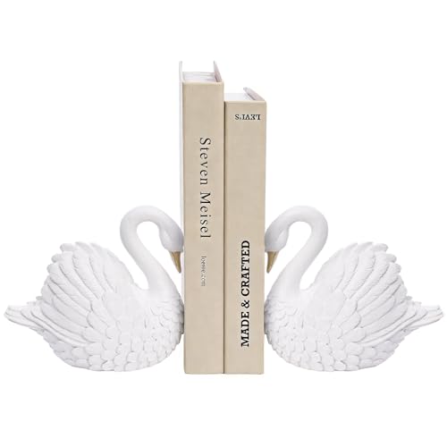 Swan Decorative Bookends,Resin Book Ends for Shelves,Unique White Book Holders,Heavy Duty Swan Decor for Home Office Desk Bookshelf,Set of 2,Gifts for Anniversary - color: White