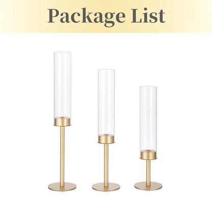 Hewory Gold Candlestick Holders: 3PCS Glass Hurricane with Brass Base - color: Matte Gold, size: 3pcs