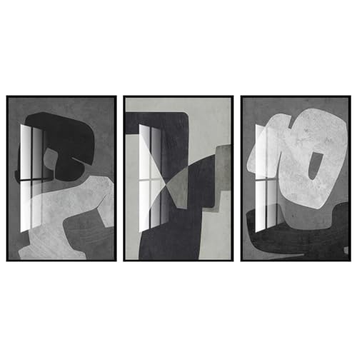 QKF 3Pcs Black White Gray Abstract Geometric Crystal Framed Canvas Wall Art - color: Black, White, Dark Gray, size: 24" X 32" X 3 pieces