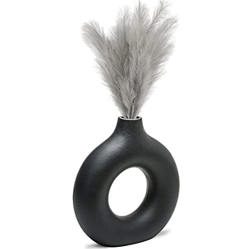 CEMABT Donut Vase Black Hollow Ceramic Vase for Flowers Handmade Minimalist Boho Style Decor for Wedding Dinner Table Party Living Room Office Bedroom - color: Black, size: Large (1-Piece)