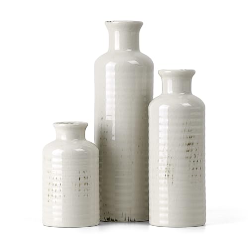 White Ceramic Vase Set of 3, Rustic Vase for Farmhouse Shelves Waterproof - color: 3pcs-crack White