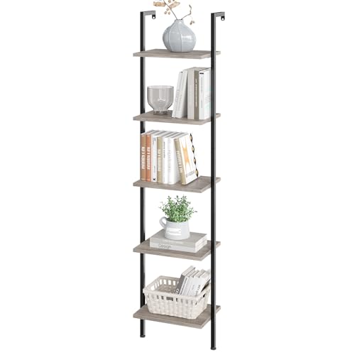 ELYKEN Ladder Shelf, 5-Tier Wood Wall Mounted Ladder Bookshelf - color: Gerige