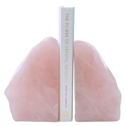 Natural Rose Quartz Bookends 3-4 LBS - Heavy Duty Crystal Book Ends for Shelves, Pink Stone Decorative Home Office Desk Accessories, Gemstone Bookend Set of 2