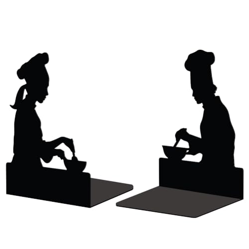 Peacoblue 5.3"x4.3"x7.5" Metal Bookends, Heavy Duty Book Ends for Shelves - color: Male and Female Chefs