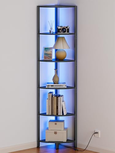 Furnulem 6 Tier Corner Shelf with LED Light, 67.5" Black Narrow Bookshelf - color: Black Oak