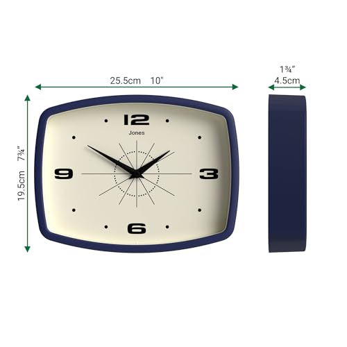JONES CLOCKS® Movie wall Clock | Rectangular Retro Clock | 10" | Navy Blue - color: Midnight Blue