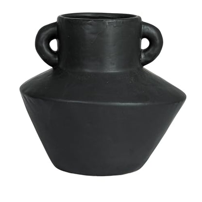 Bloomingville Round Stoneware Vase with Reactive Glaze Finish and Vertical Handles, Black - color: Black