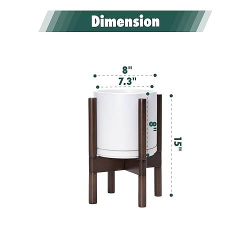 D'vine Dev Ceramic Pot with Walnut Wood Stand, White, 8 in, 55-B-Y-1 - color: White Pot + Walnut Color Stand, size: 8 Inch