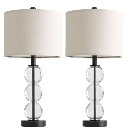 Oneach 25" Glass Table Lamps Set of 2, Black Modern Table Lamps with USB Ports for Living Room, Linen Shade Bedside Lamps for Bedroom, Nightstand, Side Table (Bulbs not Included) - color: Black